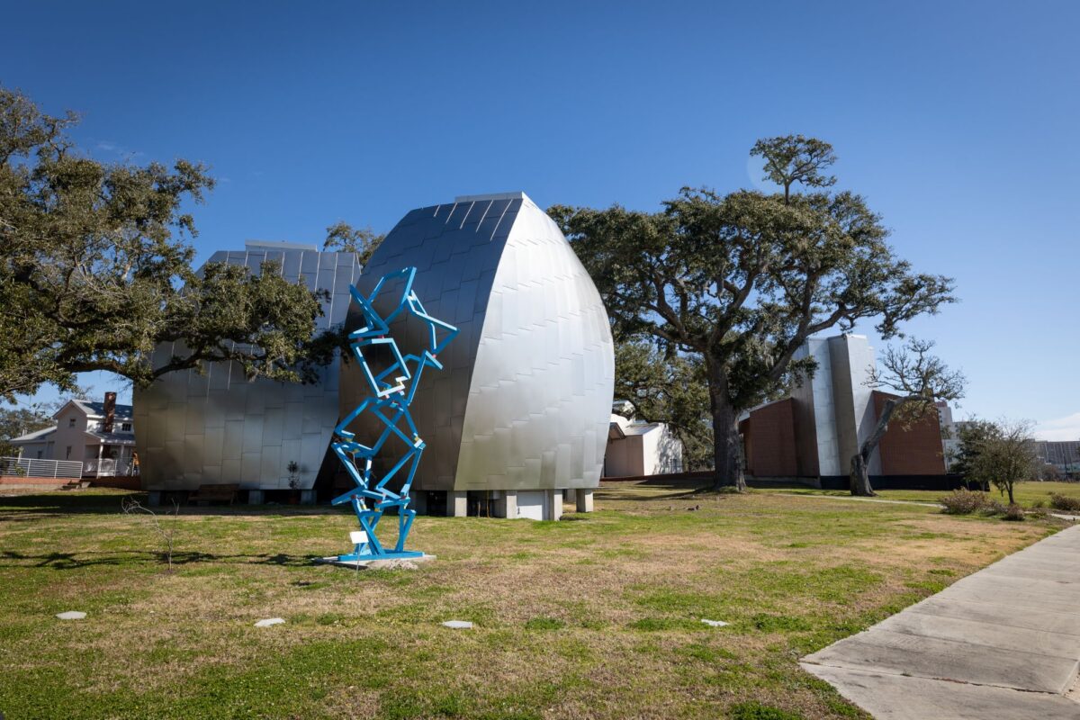 The silver spaceship-like pods form the George E. Ohr Gallery at the Ohr-O'Keefe Museum of Art in Biloxi, Mississippi.