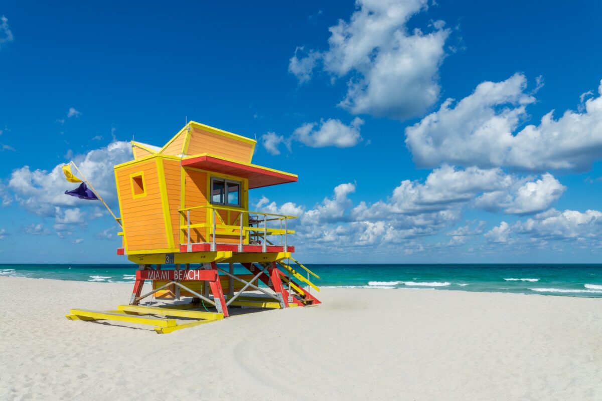 A colorful lifeguard tower in Miami Beach