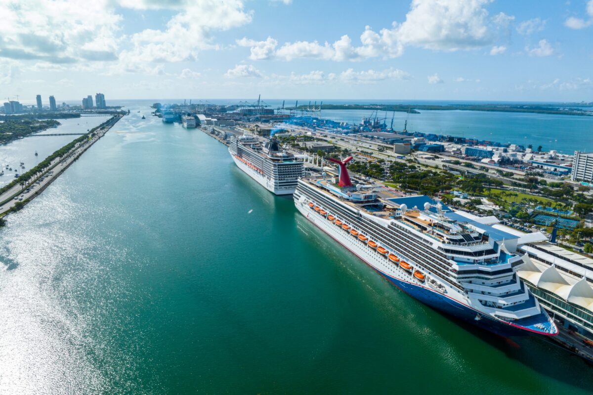 Cruise ships docked at PortMiami.