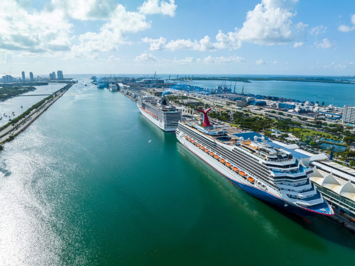 Cruise ships docked at PortMiami.